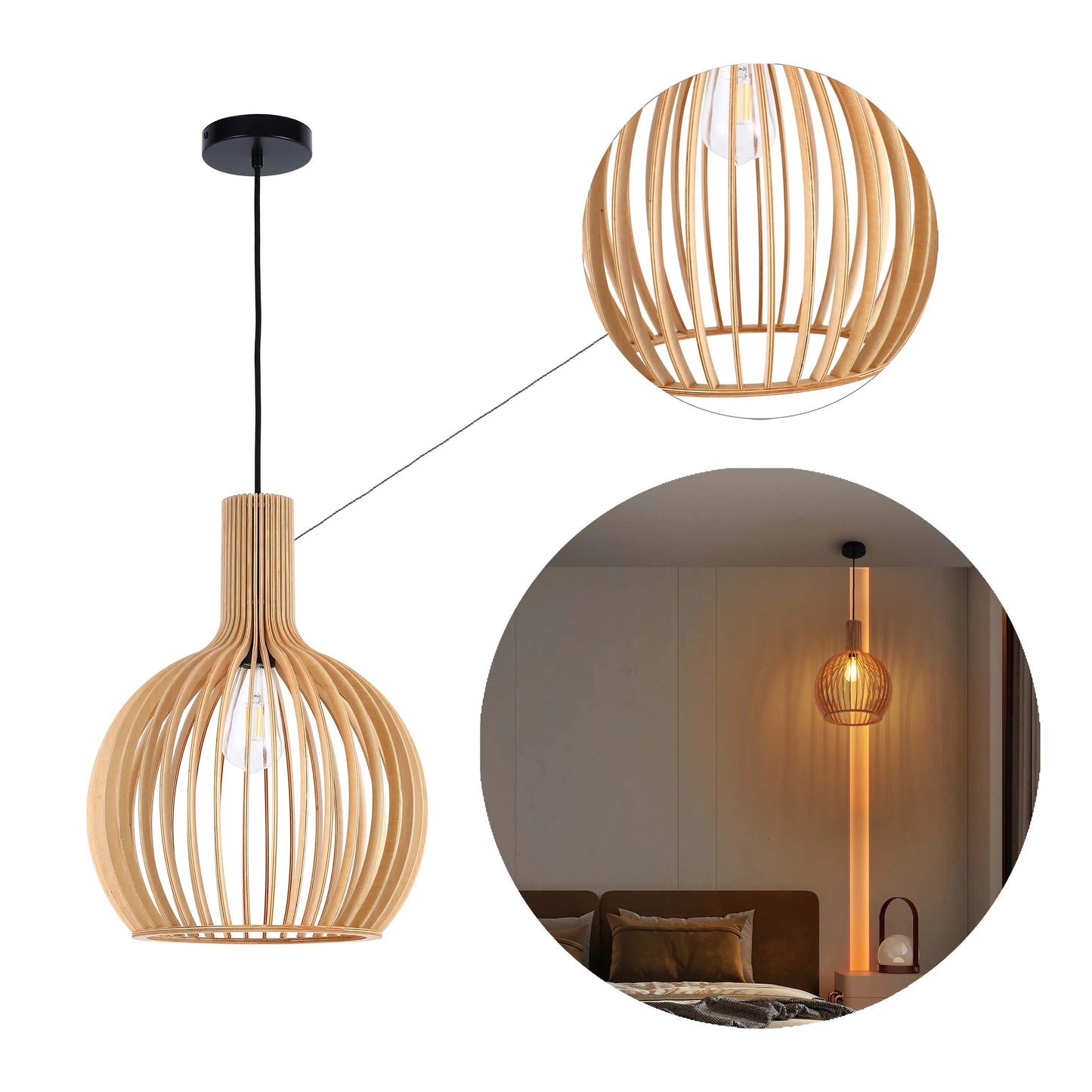 Wooden slat pendant lighting fixture. A stylish, modern lighting solution for the bedroom.