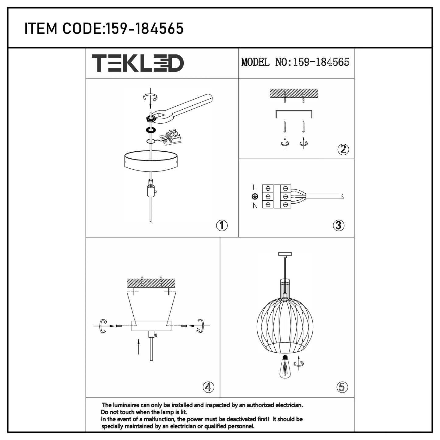 An exploded diagram demonstrating the installation of a modern pendant light fixture, with five steps.