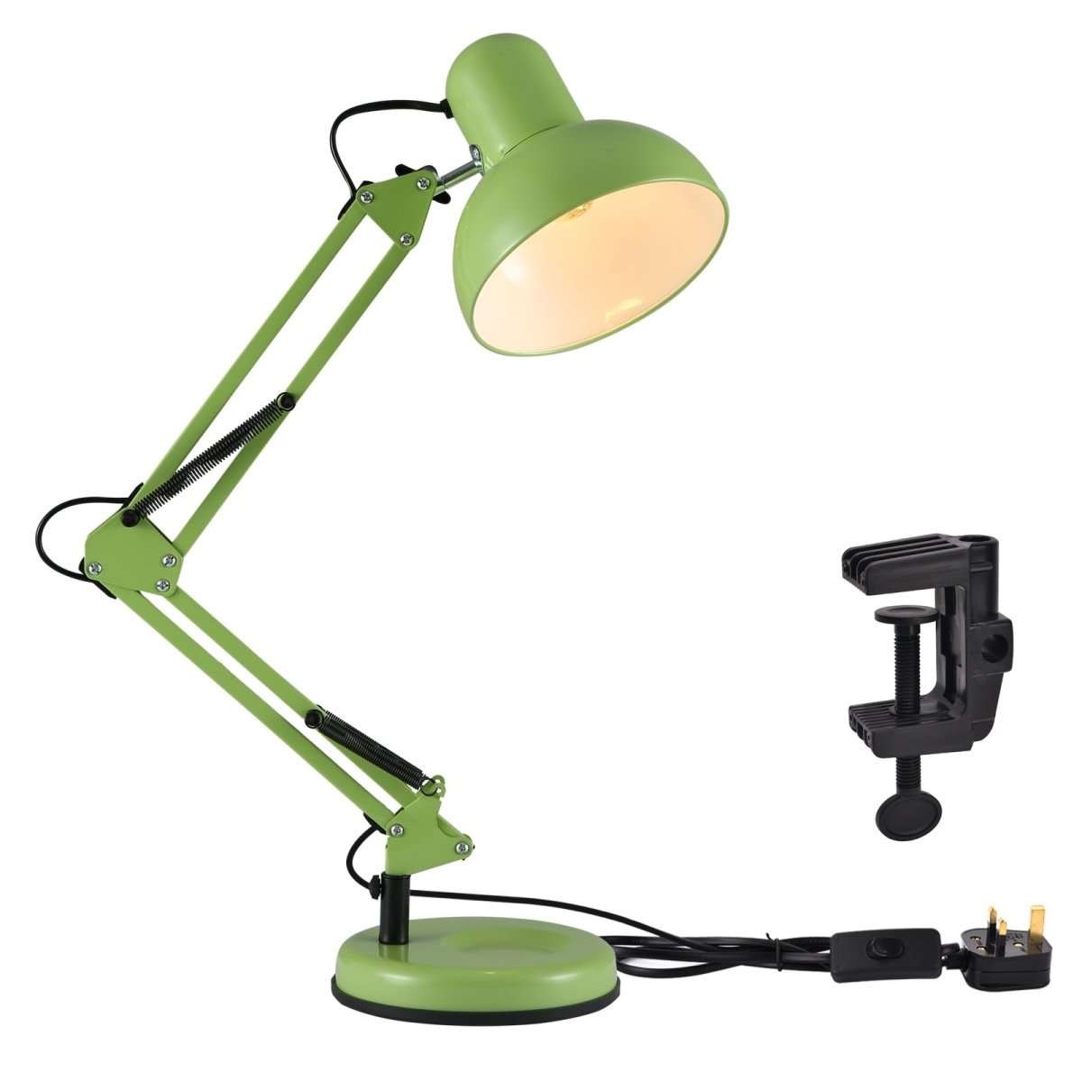 An adjustable green desk lamp with a clamp base and flexible arm. Functional and stylish lighting for any workspace.