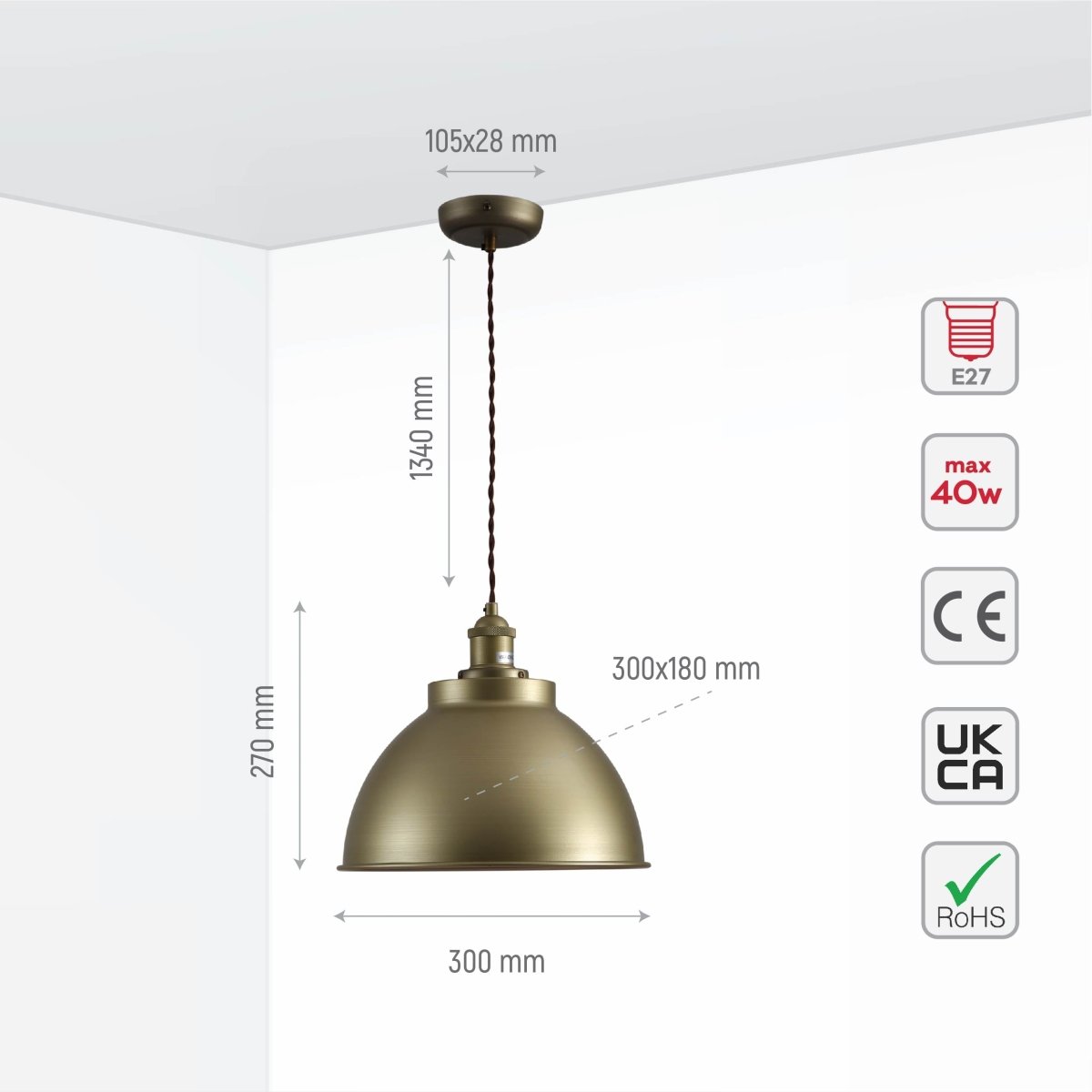 Size and specs of Brooklyn Vintage Metal Dome Pendant Light Pewter Copper Bronze E27 | TEKLED 150-18207