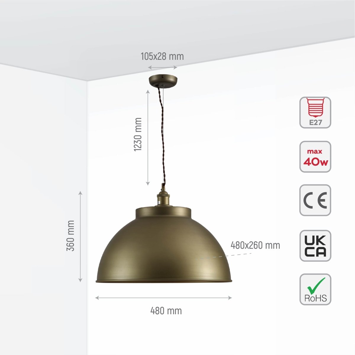 Size and specs of Brooklyn Vintage Metal Dome Pendant Light Pewter Copper Bronze E27 | TEKLED 150-18211