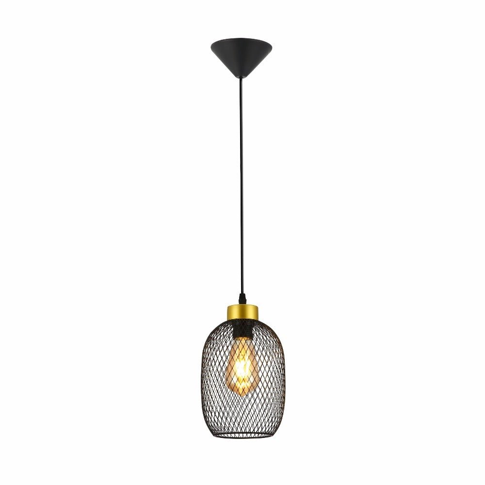 Main photo of the caged black and gold pendant light