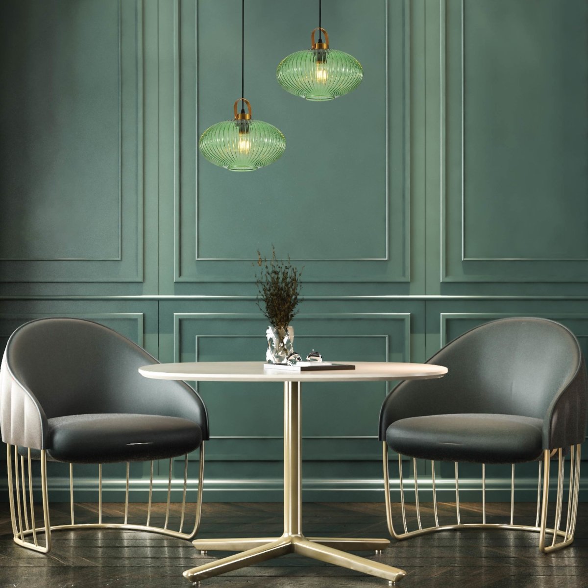 Living room dining room waiting room interior usage of Sawyer Ribbed Fluted Reeded Maloto Lantern Green Glass Pendant Ceiling Light E27 Gold Handled | TEKLED 150-18706