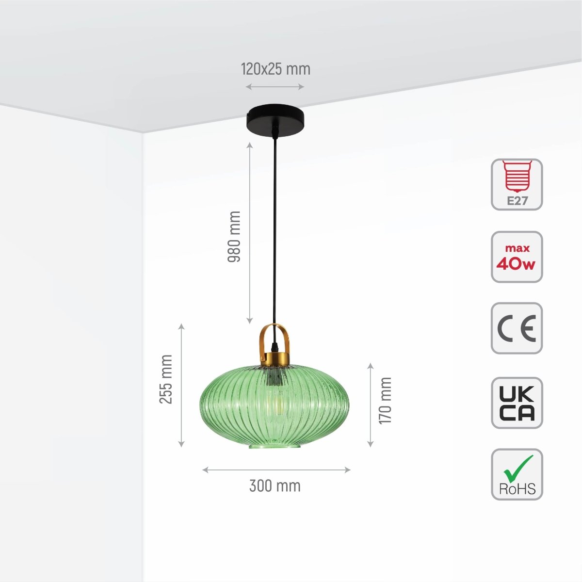 Size and specs of Sawyer Ribbed Fluted Reeded Maloto Lantern Green Glass Pendant Ceiling Light E27 Gold Handled | TEKLED 150-18706
