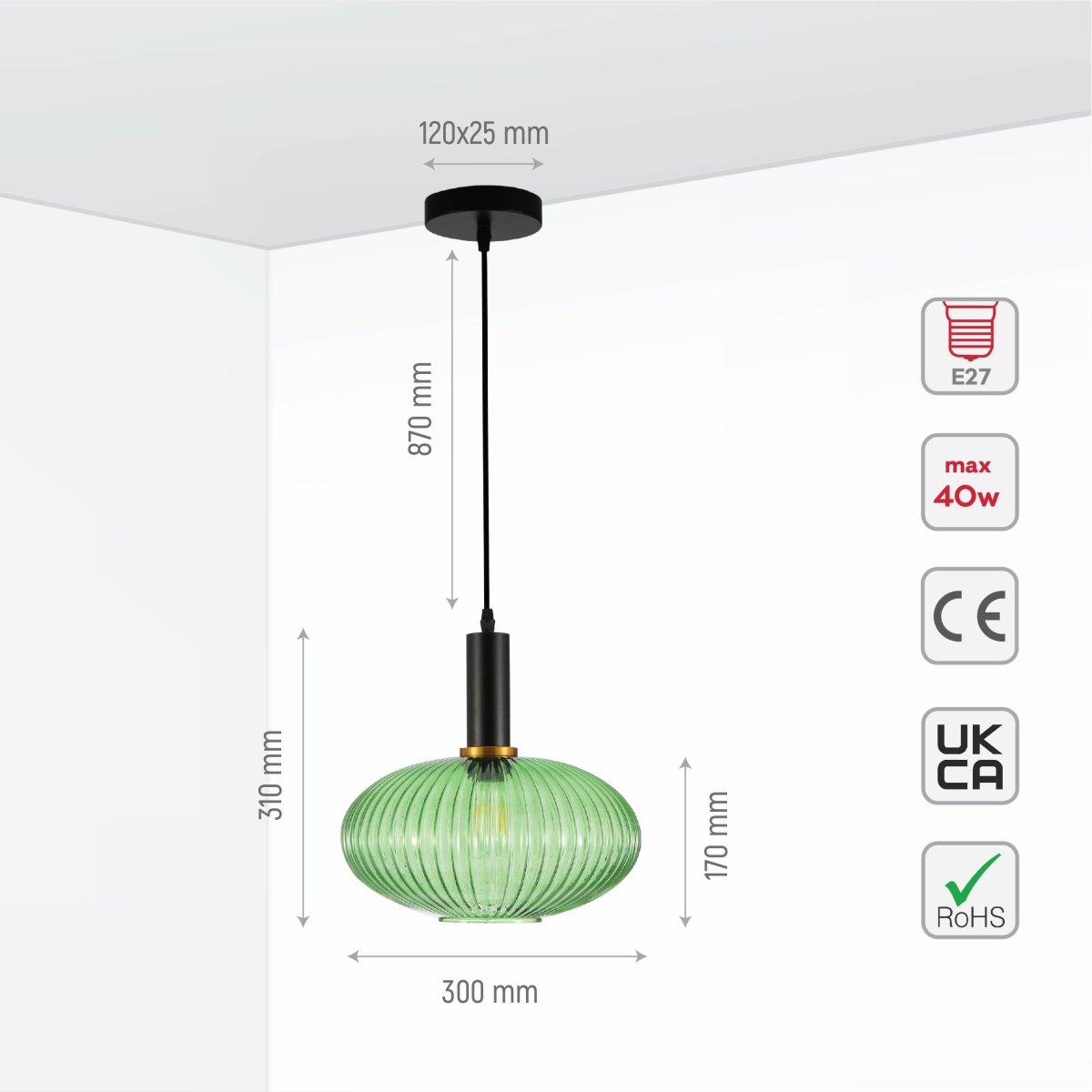 Size and specs of Sawyer Ribbed Fluted Reeded Maloto Lantern Green Glass Pendant Ceiling Light E27 Black Metal Top | TEKLED 150-18716