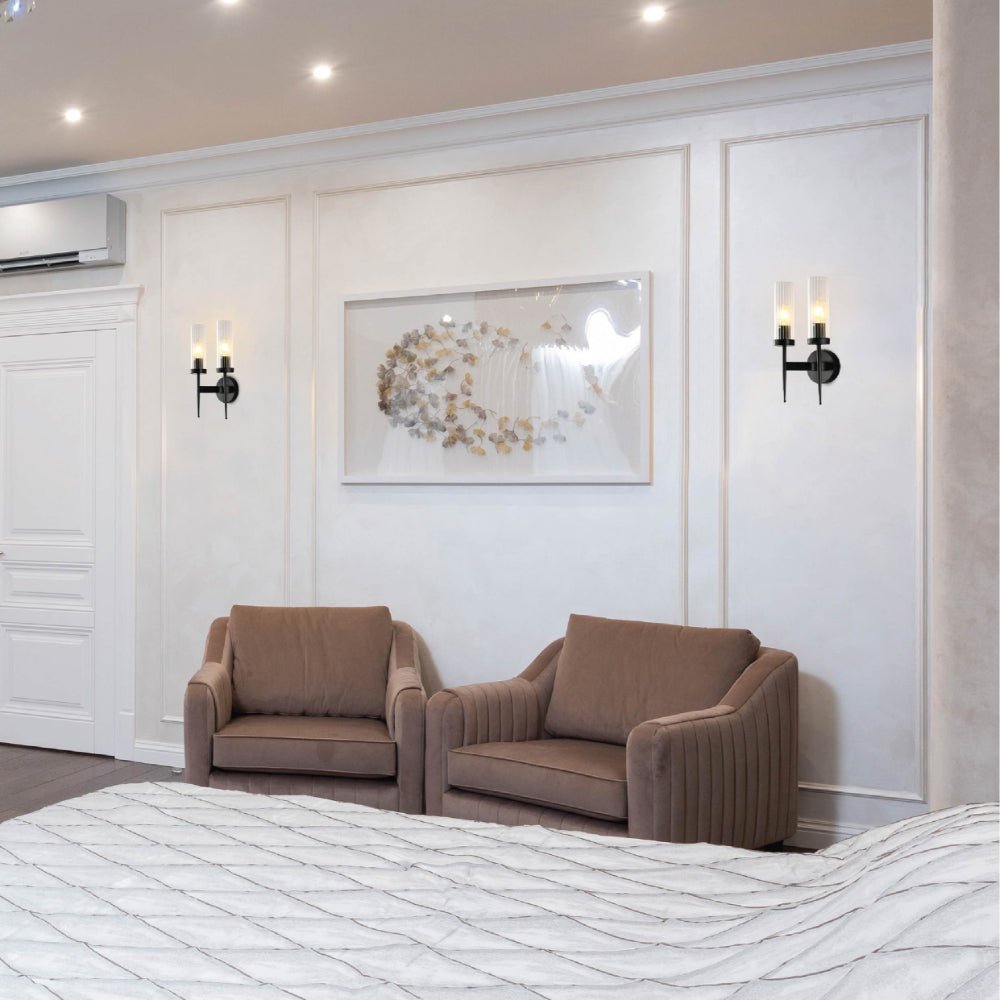 Living room usage for Gold Aluminium Bronze or Black Clear Reeded Cylinder Glass Joseph Fonteyn Fluted Wall Light