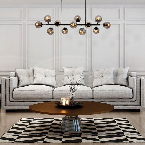 another living room design for Modern Molecule Style Amber Smoky Opal Glass Globe Gold Black Metal Body Island Chandelier Ceiling Light E27