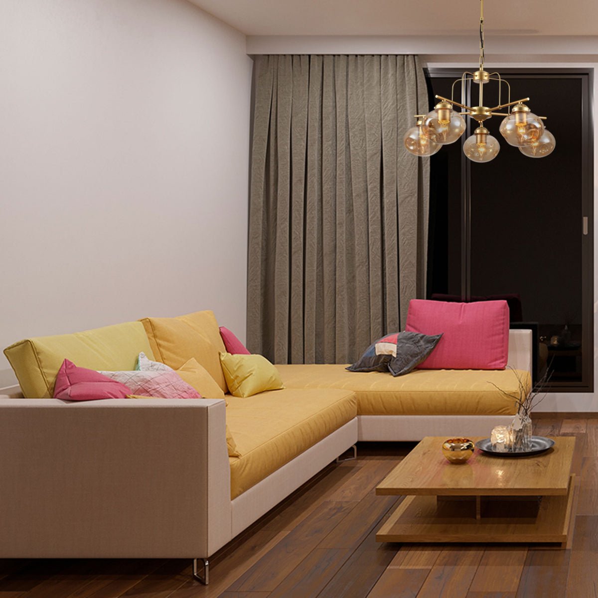 More interior usage of Gold Metal Rod Arm Amber Globe Glass Ceiling Light with E27 Fittings | TEKLED 159-17646
