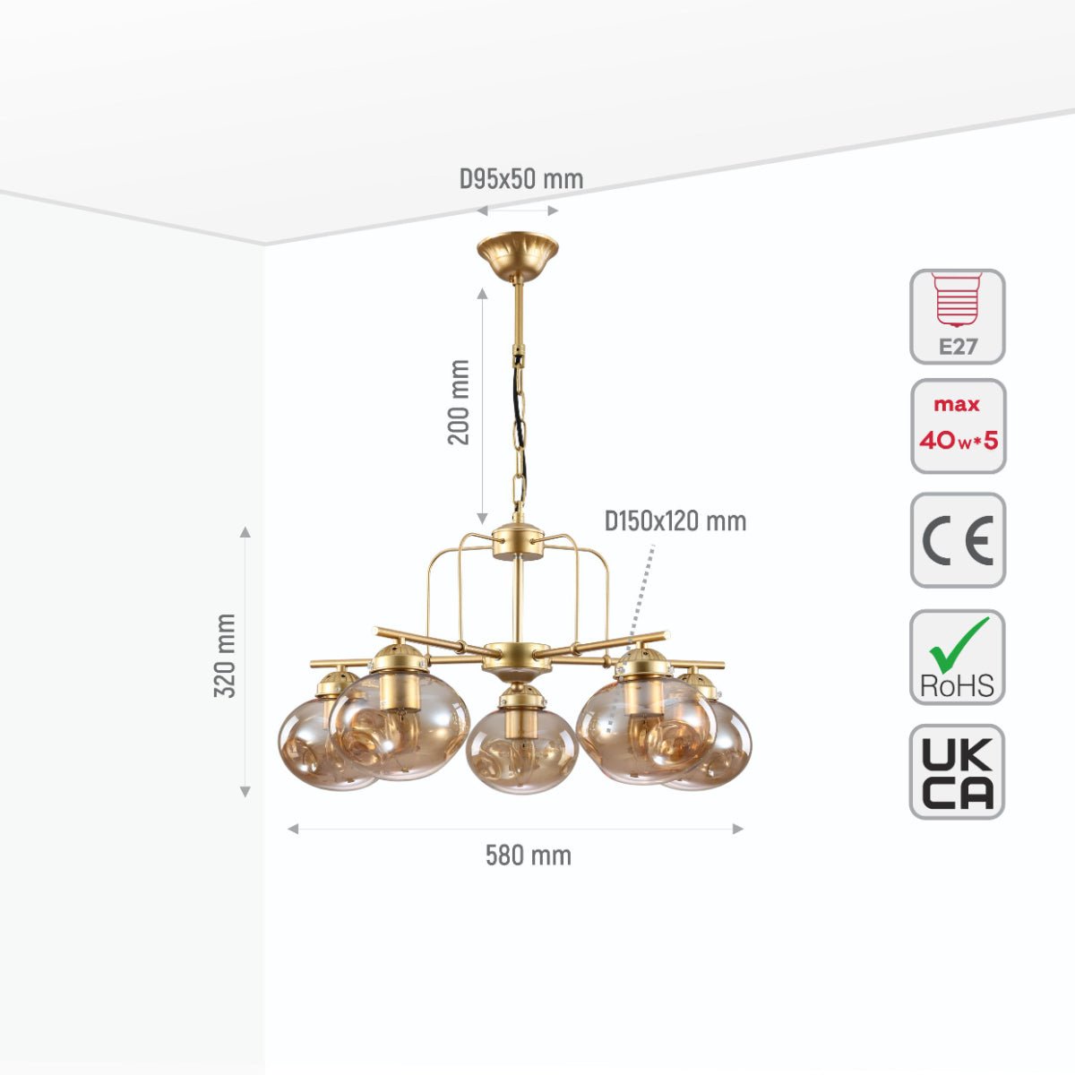 Size and specs of Gold Metal Rod Arm Amber Globe Glass Ceiling Light with E27 Fittings | TEKLED 159-17646