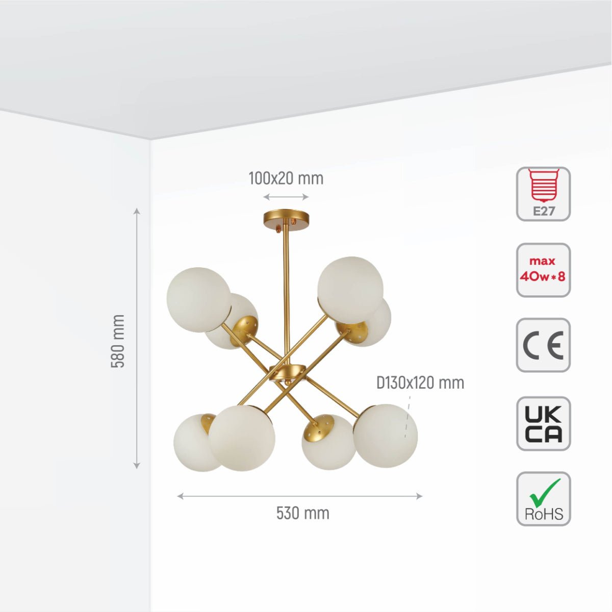 Size and specs of Gold Sputnik Metal Opal Globe Glass Modern Ceiling Light with E27 Fittings | TEKLED 159-17658