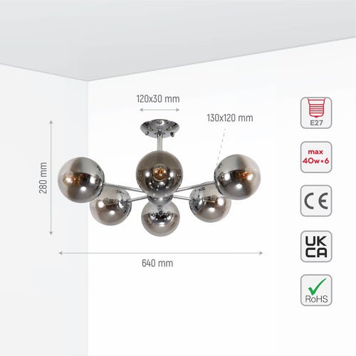 Size and specs of Smoky Globe Glass Chrome Metal Body Sputnik Molecule Modern Ceiling Light with E27 Fittings | TEKLED 159-17688