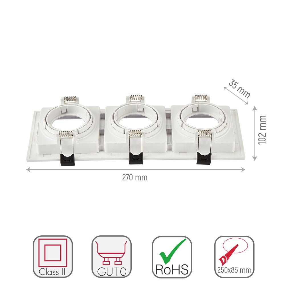 Size and specs of Polycarbonate Grill Tilt Recessed Downlight GU10 White or Black Single Double Triple | TEKLED 164-03013 164-03019