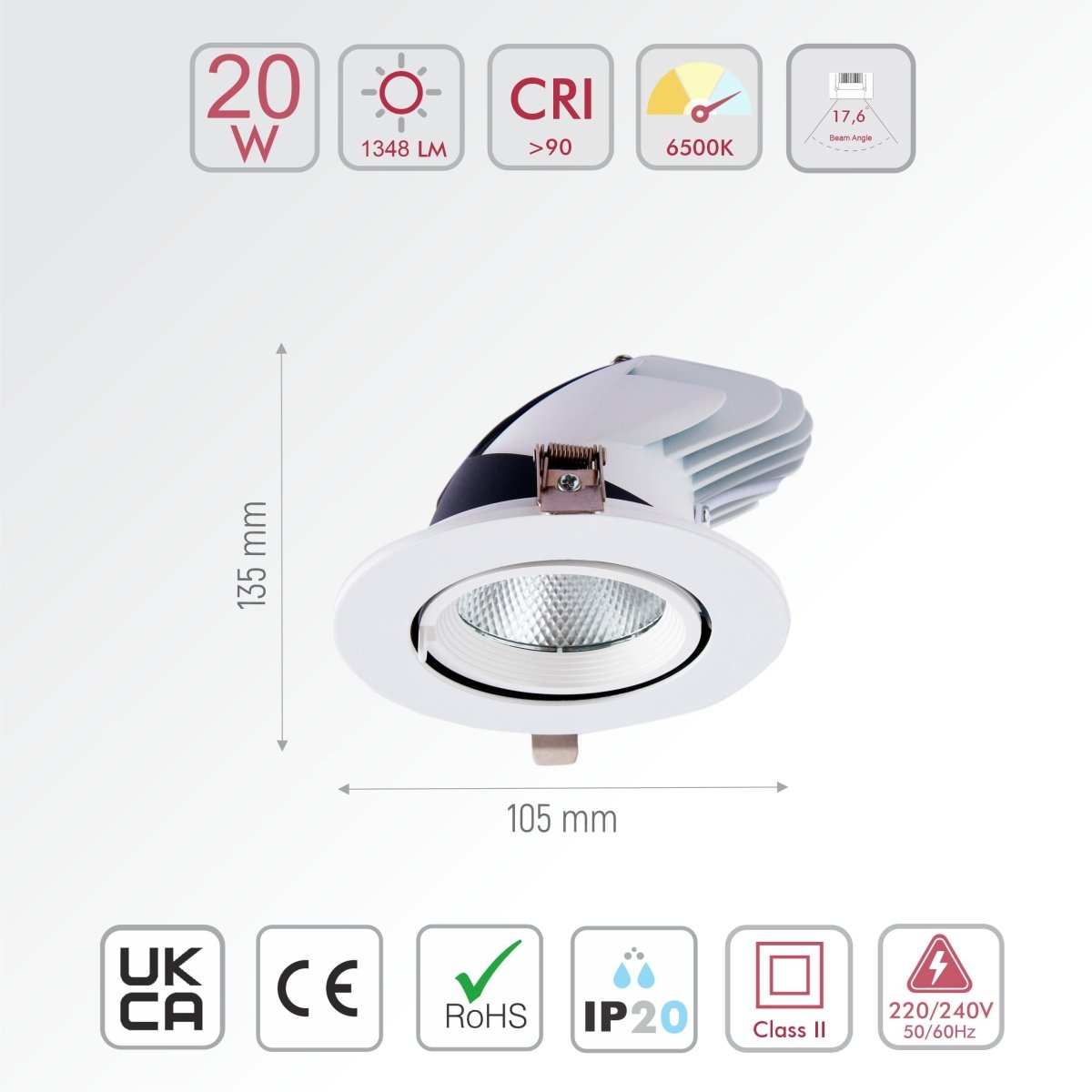 Size and specs of LED Accent Performance Swivel and Scoop Downlight 10W 20W 30W Warm White Cool White Cool Daylight CRI90 White | TEKLED 20w daylight