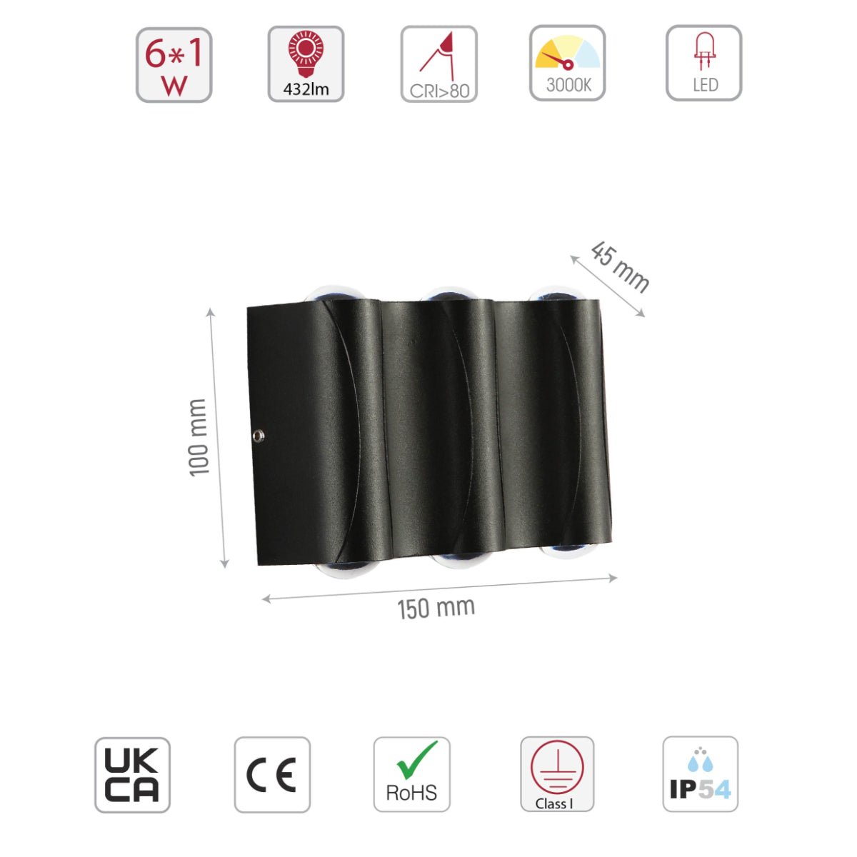 Size and specs of Black Corrugated Up Down Outdoor Modern LED Wall Light | TEKLED 183-03328