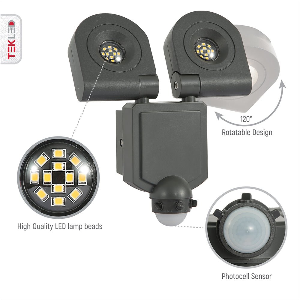 Close up of LEDs and photo cell sensor of Wall-A Double Head Security Floodlight with PIR Sensor 20W Cool White 4000K