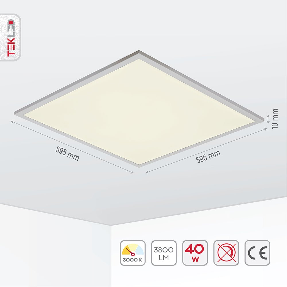 Graphical representation of dimensions and features of LED Backlit Panel Light 38W 3800Lm 3000K Warm White 600x600 2x2ft Non-Flickering