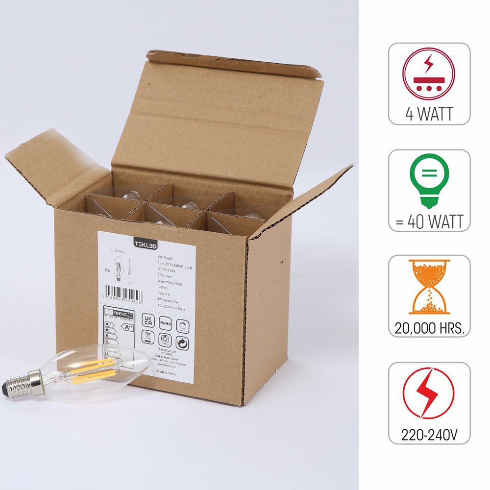 Box content and features of led dimmable filament bulb candle c35 blunt e14 small edison screw 4w 400lm warm white 2700k clear pack of 6 Edit alt text