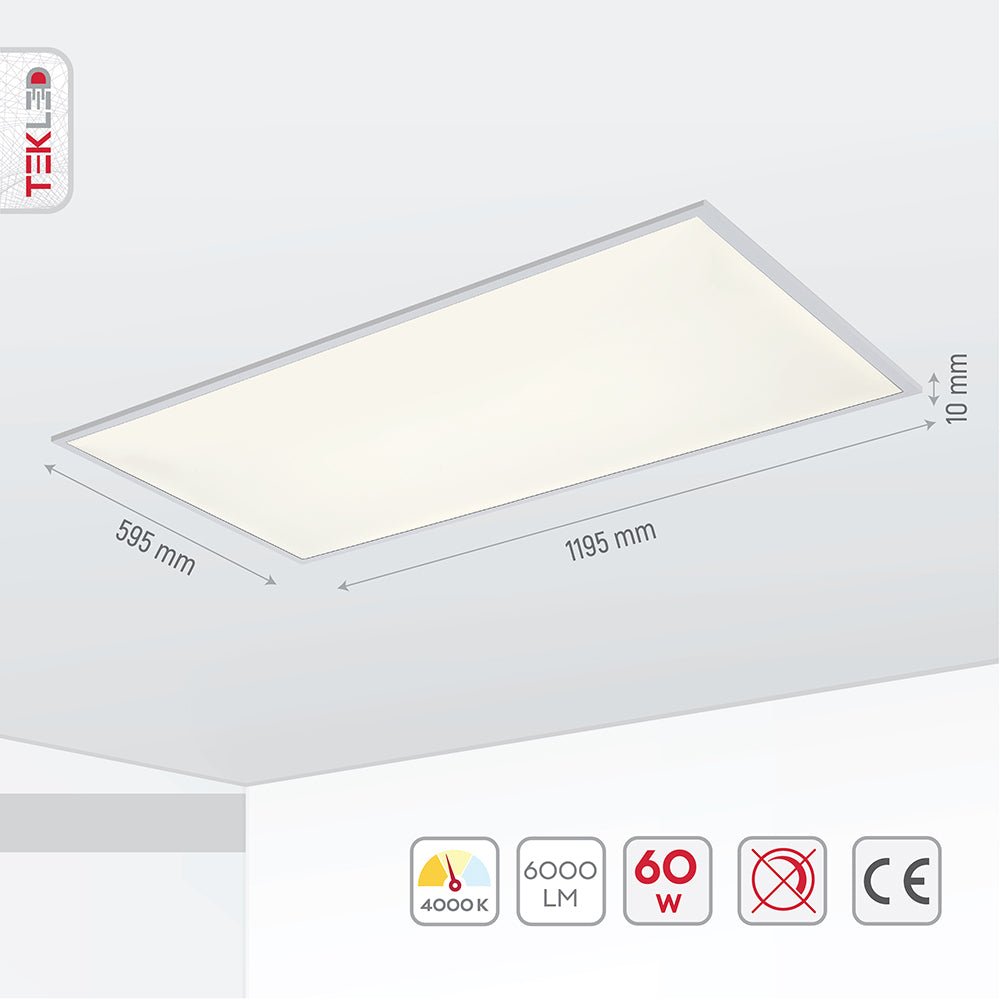Graphical representation of dimensions and features of LED Backlit Panel Light 58W 6000Lm 4000K Cool White 1200x600 2x4ft Non-Flickering
