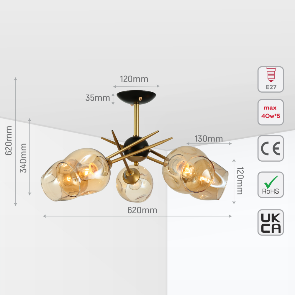 Size and tech specs of Amber Eclipse Semi-Flush Ceiling Light | TEKLED 159-17983