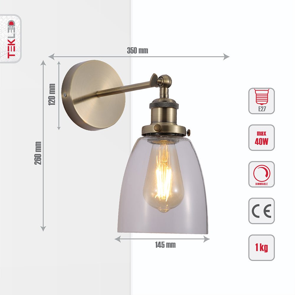 Tehcnical specifications and dimensions of Antique Brass Metal Hinged Clear Glass Cone Wall Light with E27 Fitting