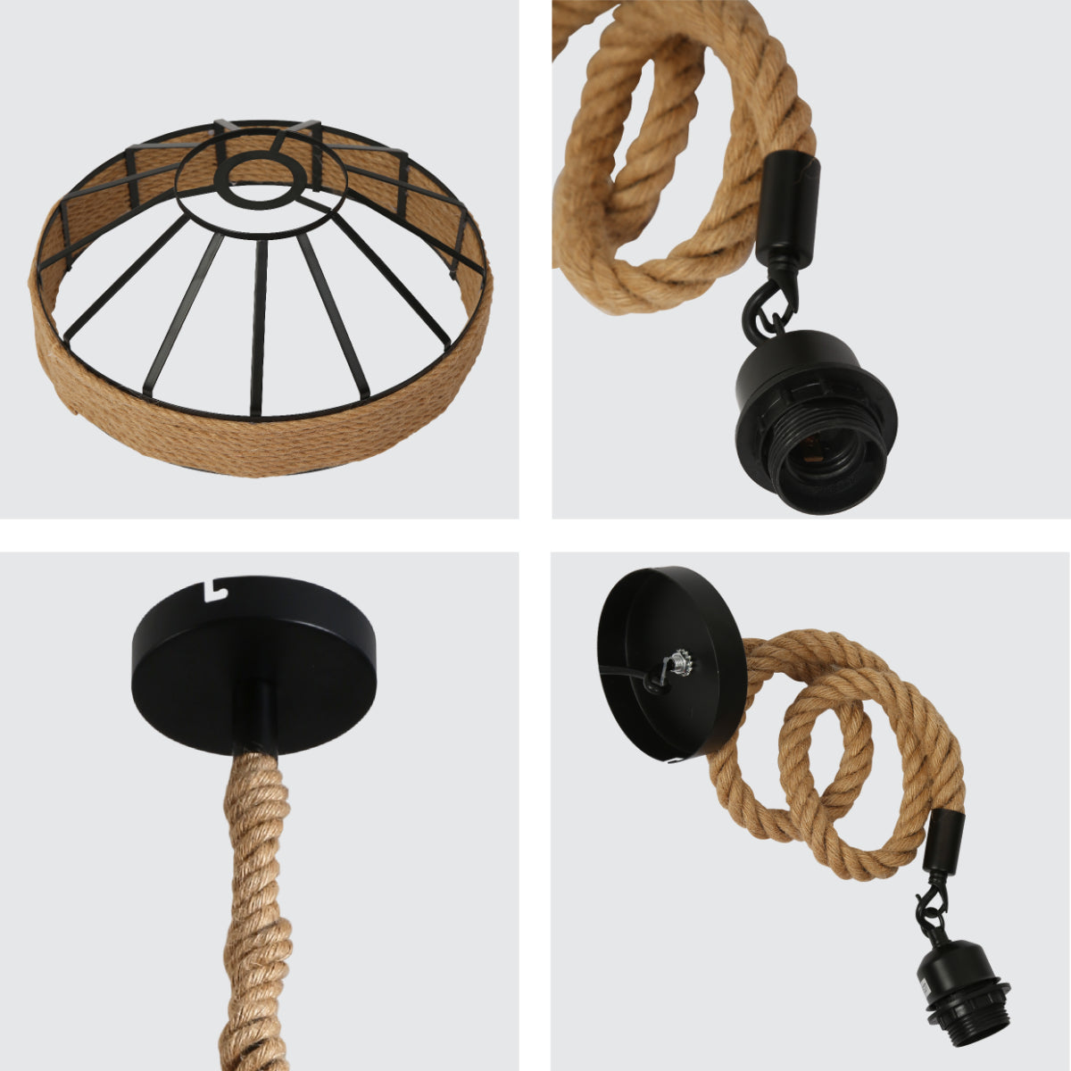 Close shots of Black Metal Hemp Rope Cage Pendant Ceiling Light E27 159-18125