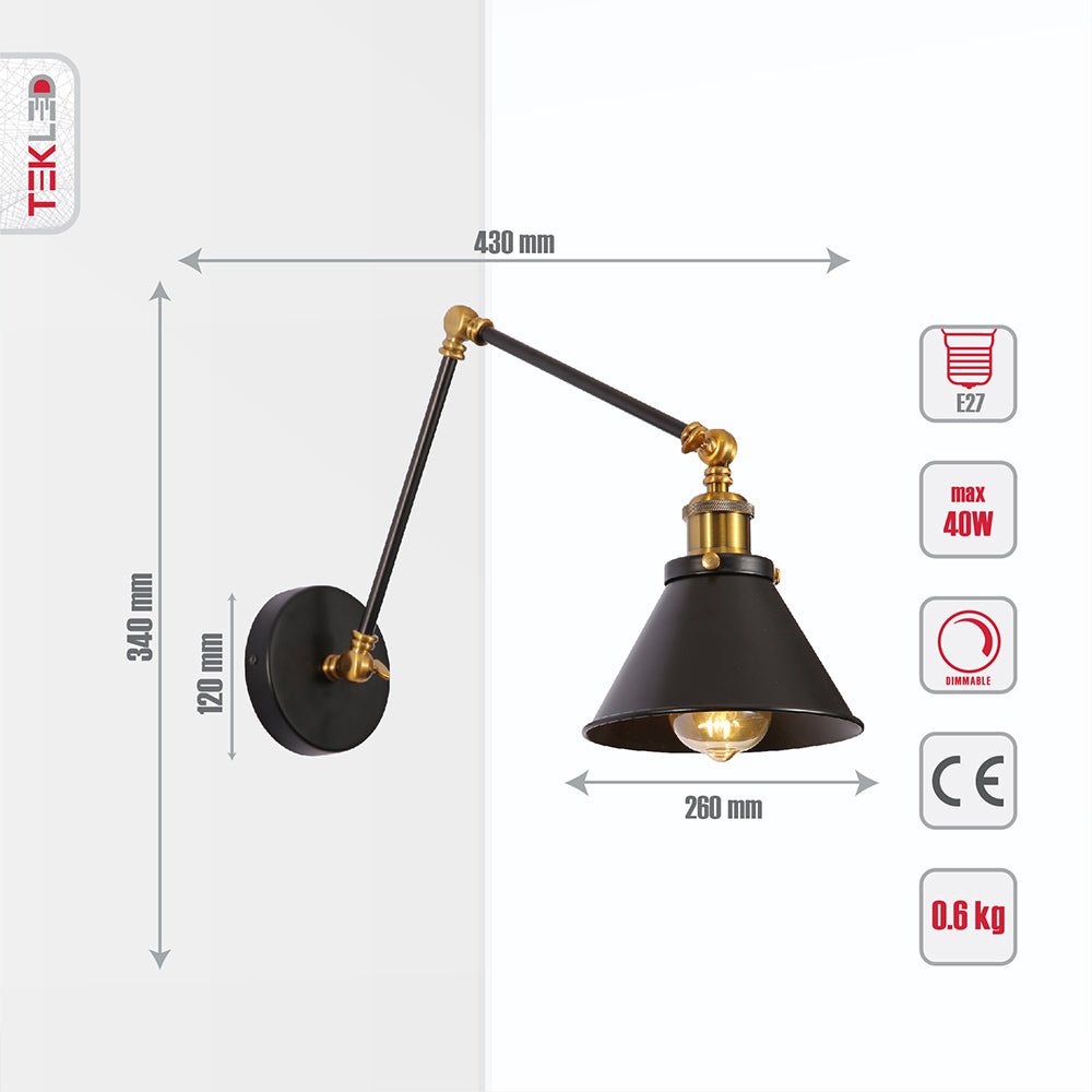 Tehcnical specifications and dimensions of Black Metal Hinged Funnel Wall Light with E27 Fitting