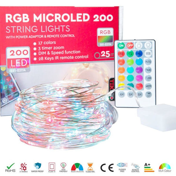 Details and features of Aries RGB Micro-LED String 200 LEDs 25m with Power Adaptor & Remote Control LED String Fairy Light