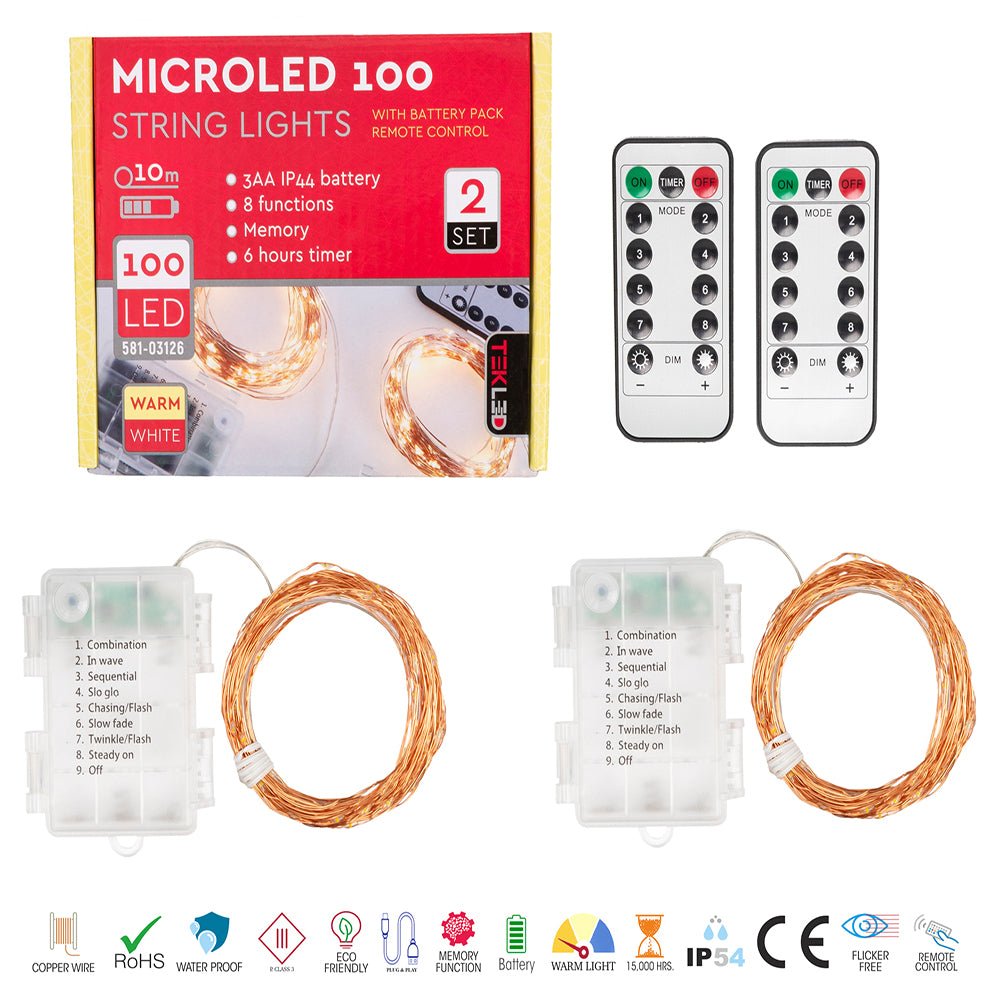 Mensa 2 Sets of Micro-LED 100 LEDs 10m with Battery Pack & Remote Control Warm White LED String Fairy Light main