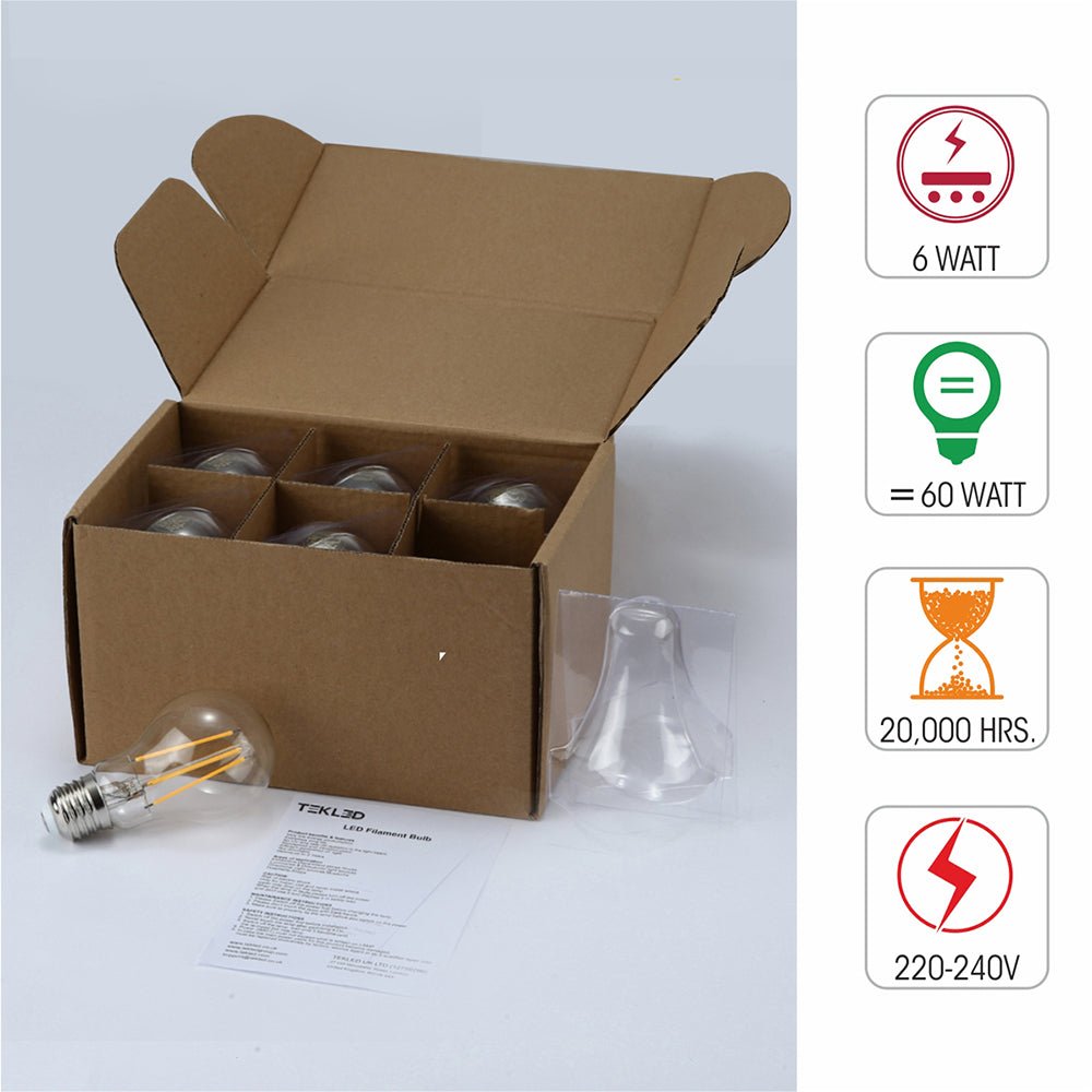 Box content and features of led filament gls bulb a60 e27 bayonet cap 6w 600lm warm white 2700k clear pack of 6