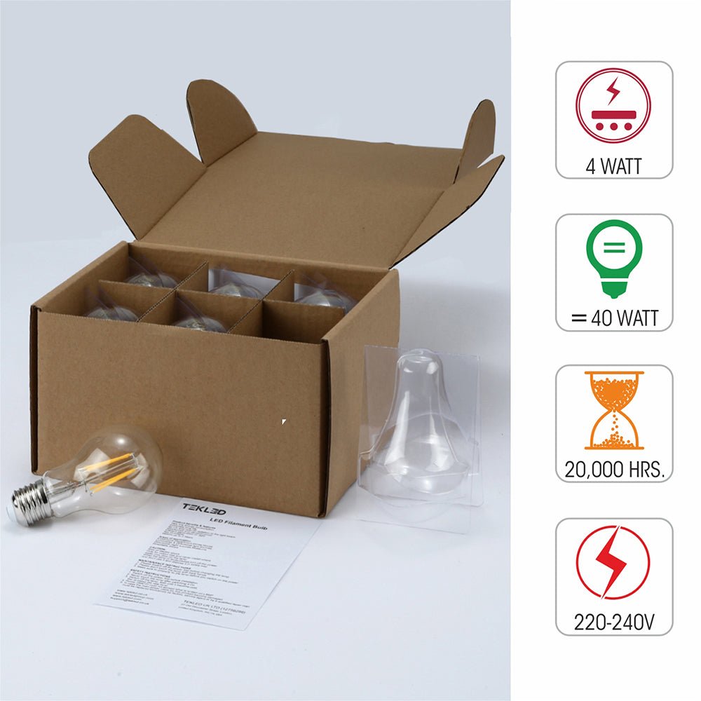Box content and features of led filament gls bulb a60 e27 edison screw 4w 400lm warm white 2700k clear pack of 6