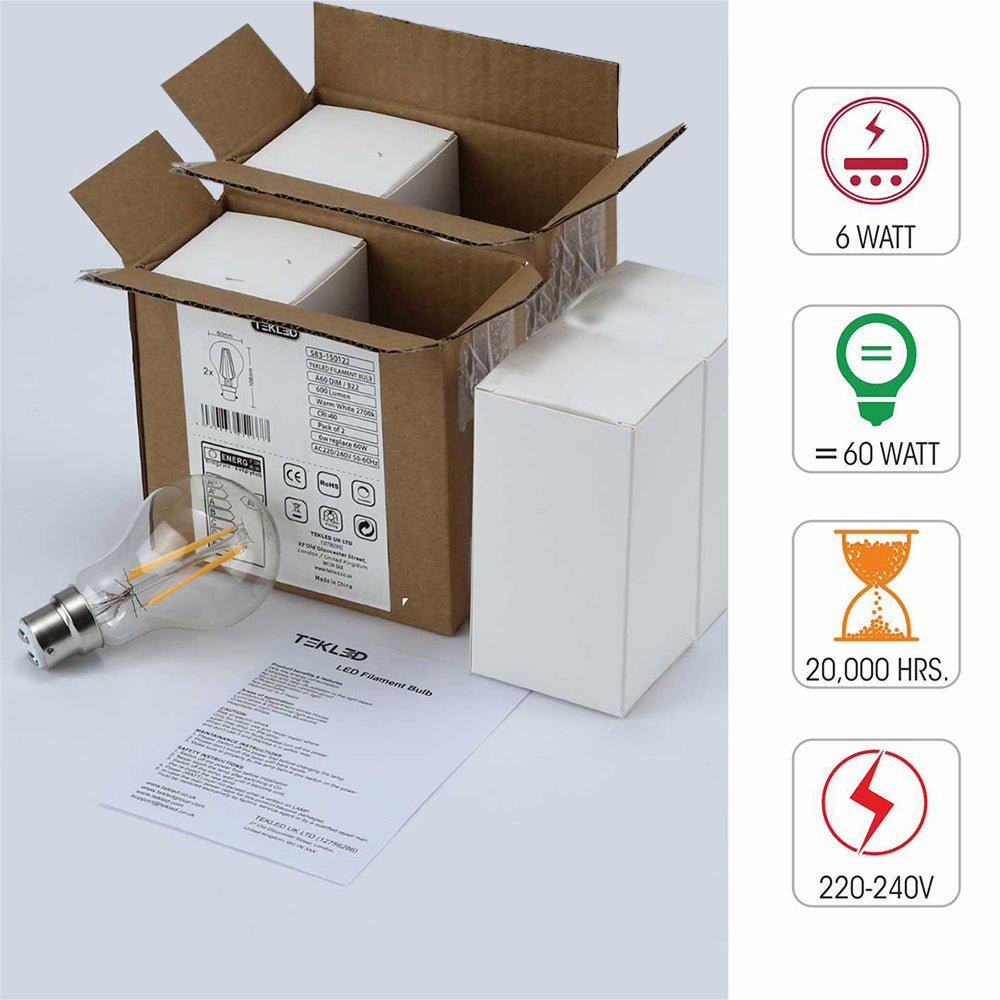 Box content and features of led dimmable filament gls bulb a60 b22 bayonet cap 6w 600lm warm white 2700k clear pack of 4