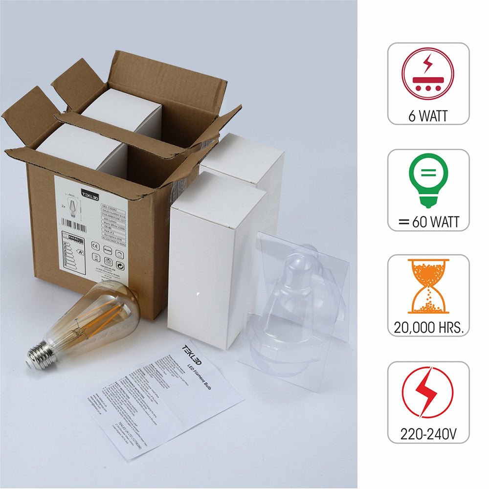 Box content and features of led dimmable filament bulb edison st64 e27 edison screw 6w 600lm warm white 2500k amber pack of 4