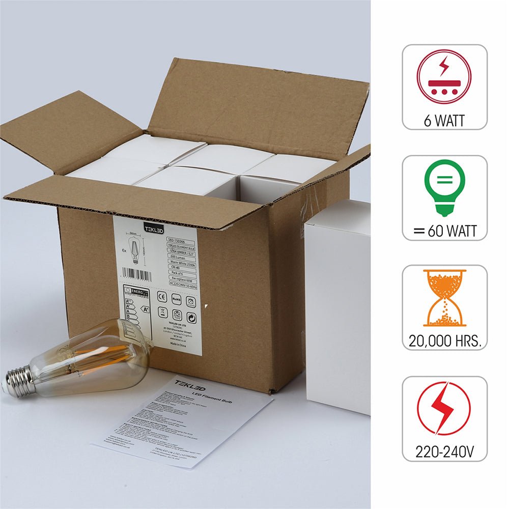 Box content and features of led filament bulb edison st64 e27 edison screw 6w 600lm warm white 2500k amber pack of 6