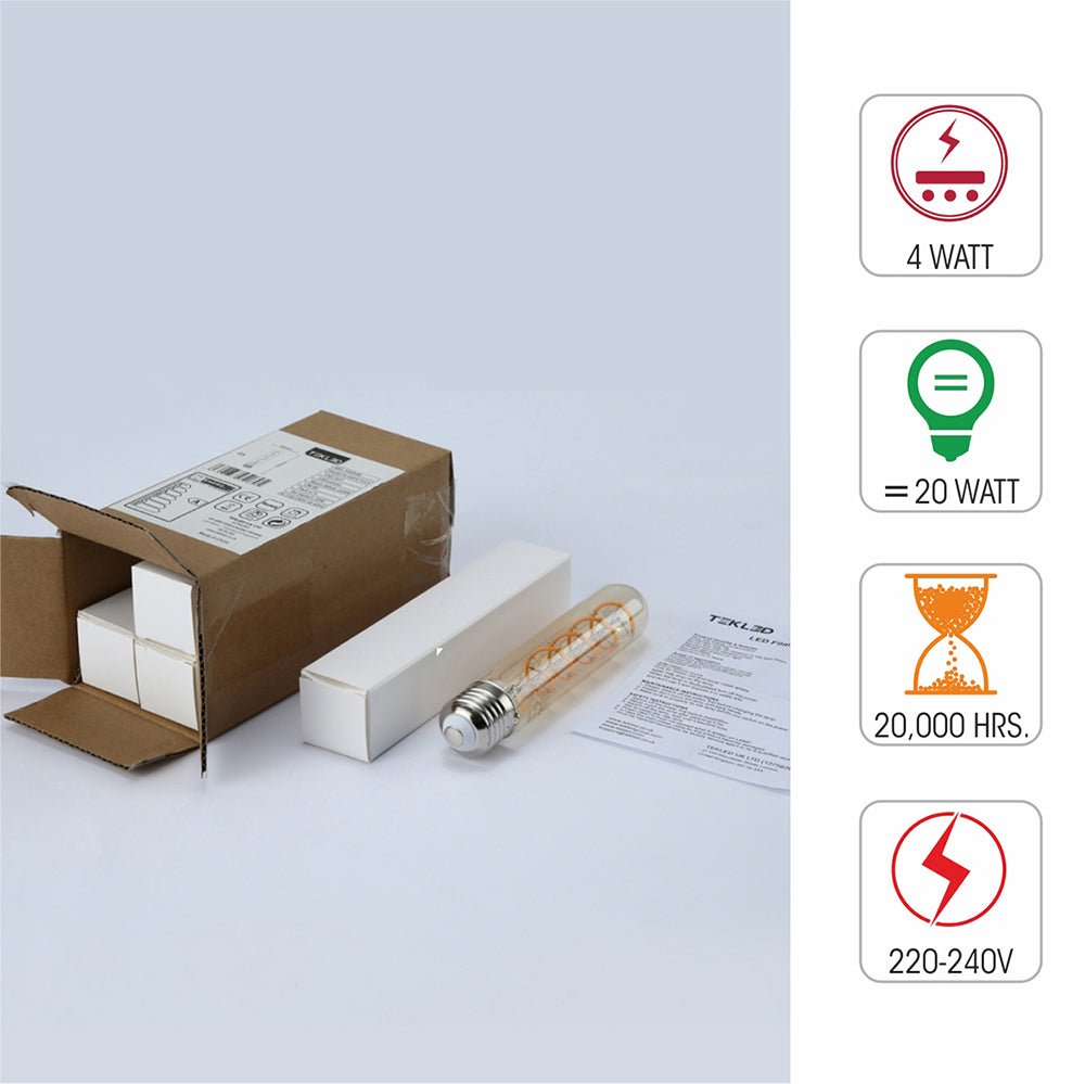 Box content and features of led filament bulb tubular t30 e27 edison screw 4w 230lm warm white 2500k amber 150mm pack of 4