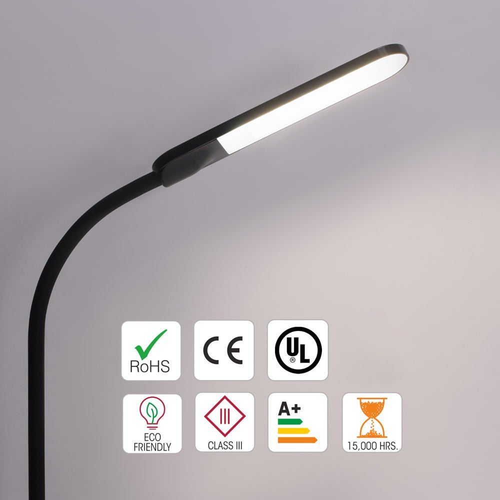 Modern, black LED desk lamp with RoHS, CE and UL certification, featuring an eco-friendly design and 15,000 hours lifespan.
