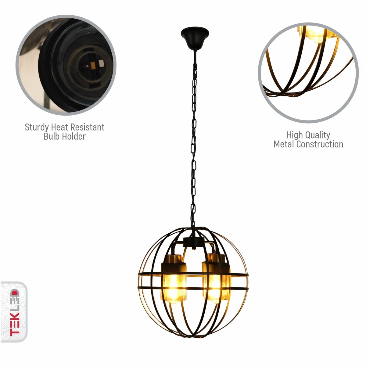 Close up shots of Amber Cylinder Glass Black Cage Metal Chandelier with 4xE27 Fitting | TEKLED 158-19572