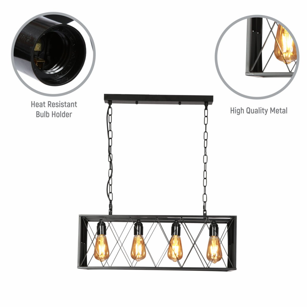 Close up shots of Black Cuboid Metal Kitchen Island Chandelier Ceiling Light with 4xE27 | TEKLED 150-18099