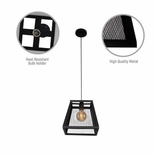 Close up shots of Black Metal Cuboid Caged Pendant Ceiling Light with E27 | TEKLED 150-17856
