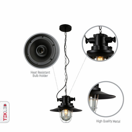 Close up shots of Black Nautical Industrial Caged Flat Shade Glass Metal Ceiling Pendant Light with E27 Fitting | TEKLED 150-18366
