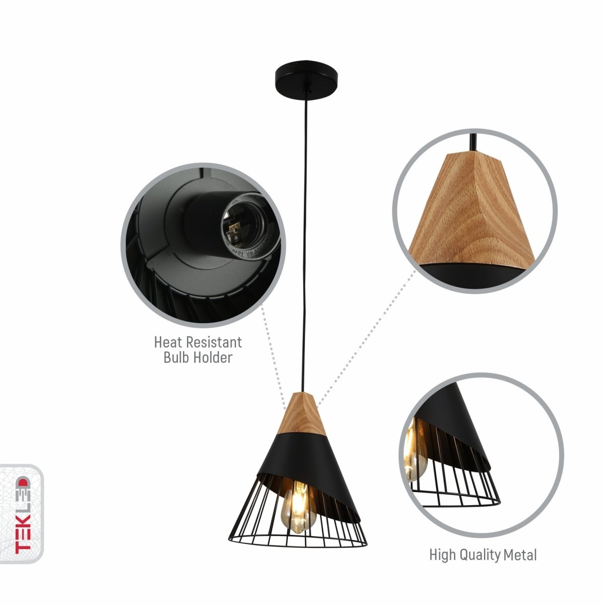 Close up shots of Black Wood Funnel Cone Caged Shuttlecock Nordic Metal Ceiling Pendant Light with E27 Fitting | TEKLED 150-18390