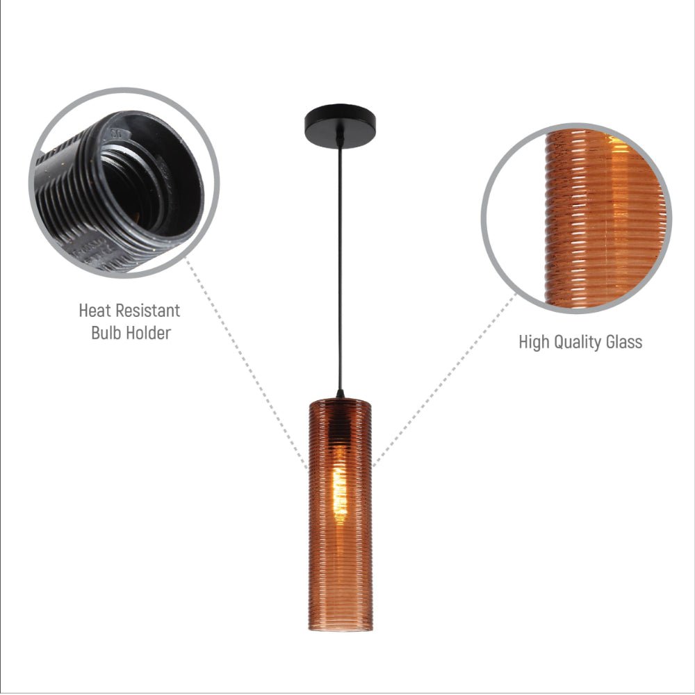 Close up shots of Brown Reeded Cylinder Glass Pendant Light with E27 Fitting | TEKLED 158-19738