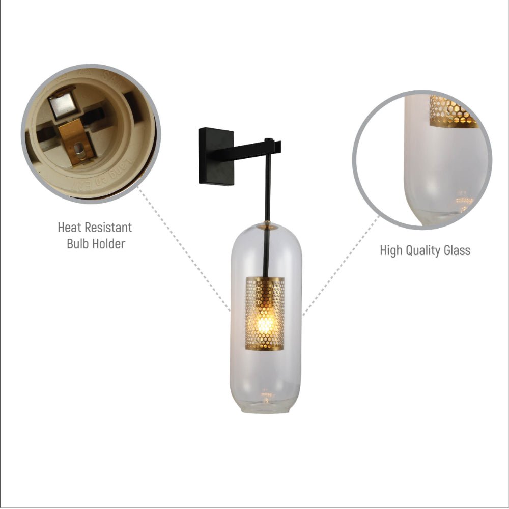 Close up shots of Clear Cylinder Glass Gold Cage Black Body Wall Light with E27 Fitting | TEKLED 151-19735