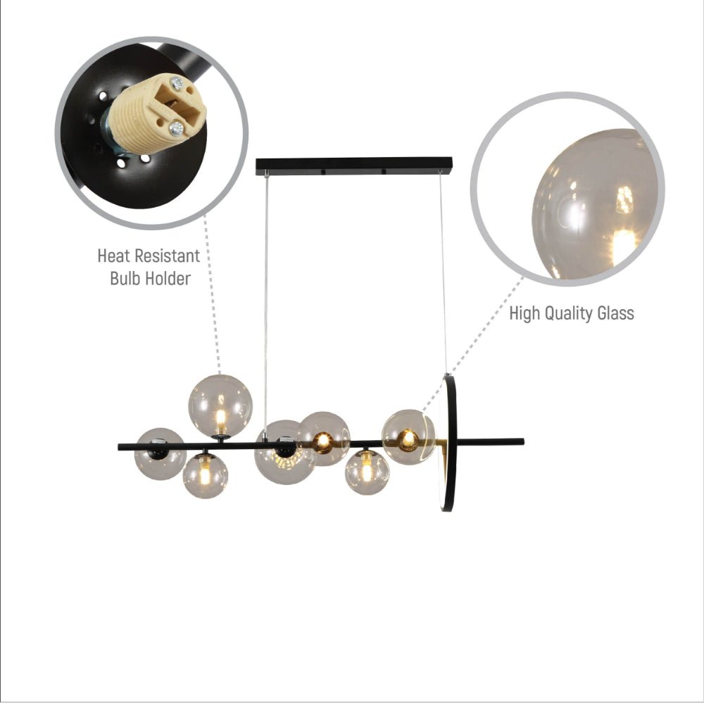 Close up shots of Expanse Ring Black Body Clear Globe Glasses Kitchen Island Contemporary Chandelier Ceiling Light with 7xG9 Fititngs and 20W Build-in LED | TEKLED 159-17328