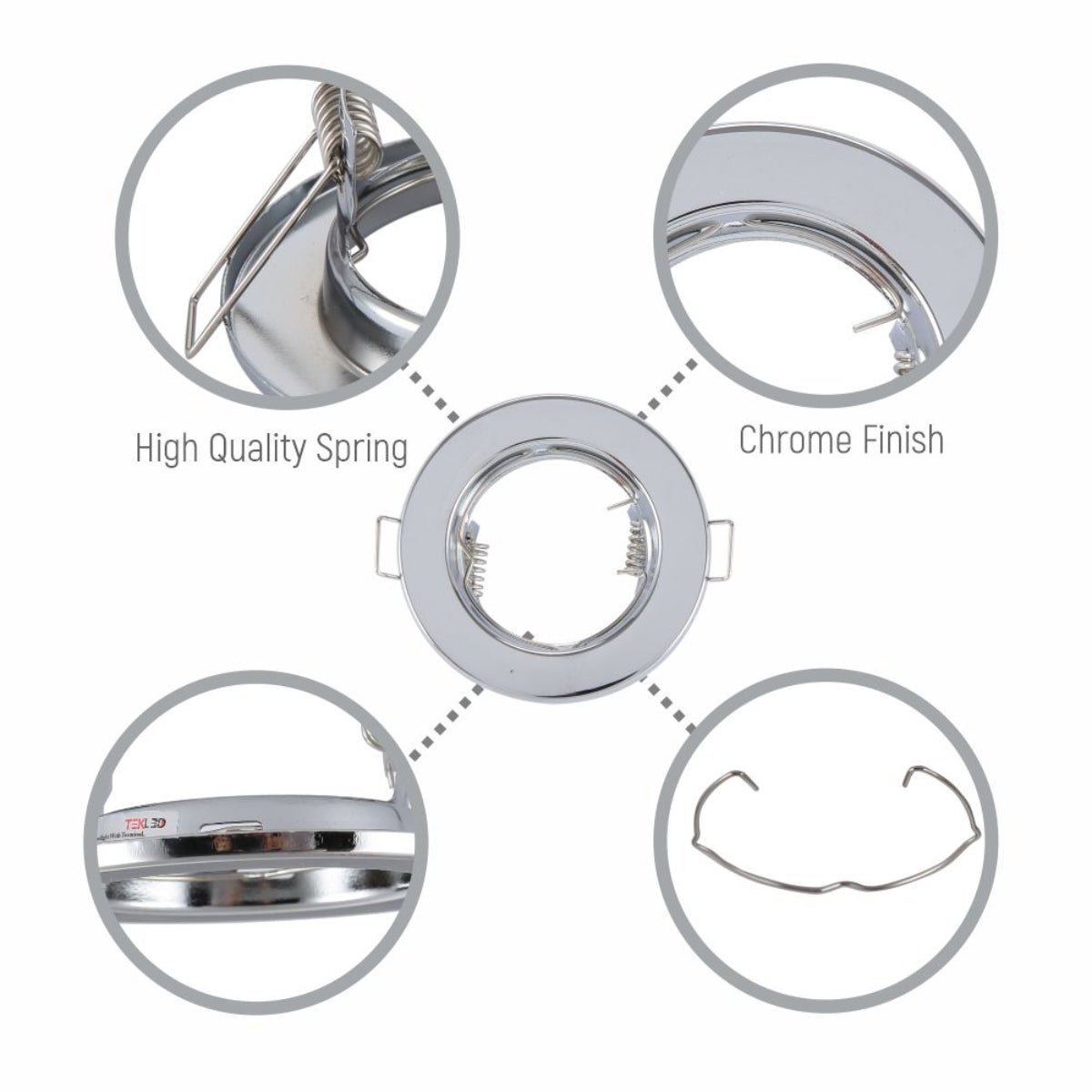 Close up shots of Fixed Pressed Steel Downlight Chrome IP20 with GU10 Fitting | TEKLED 143-03738