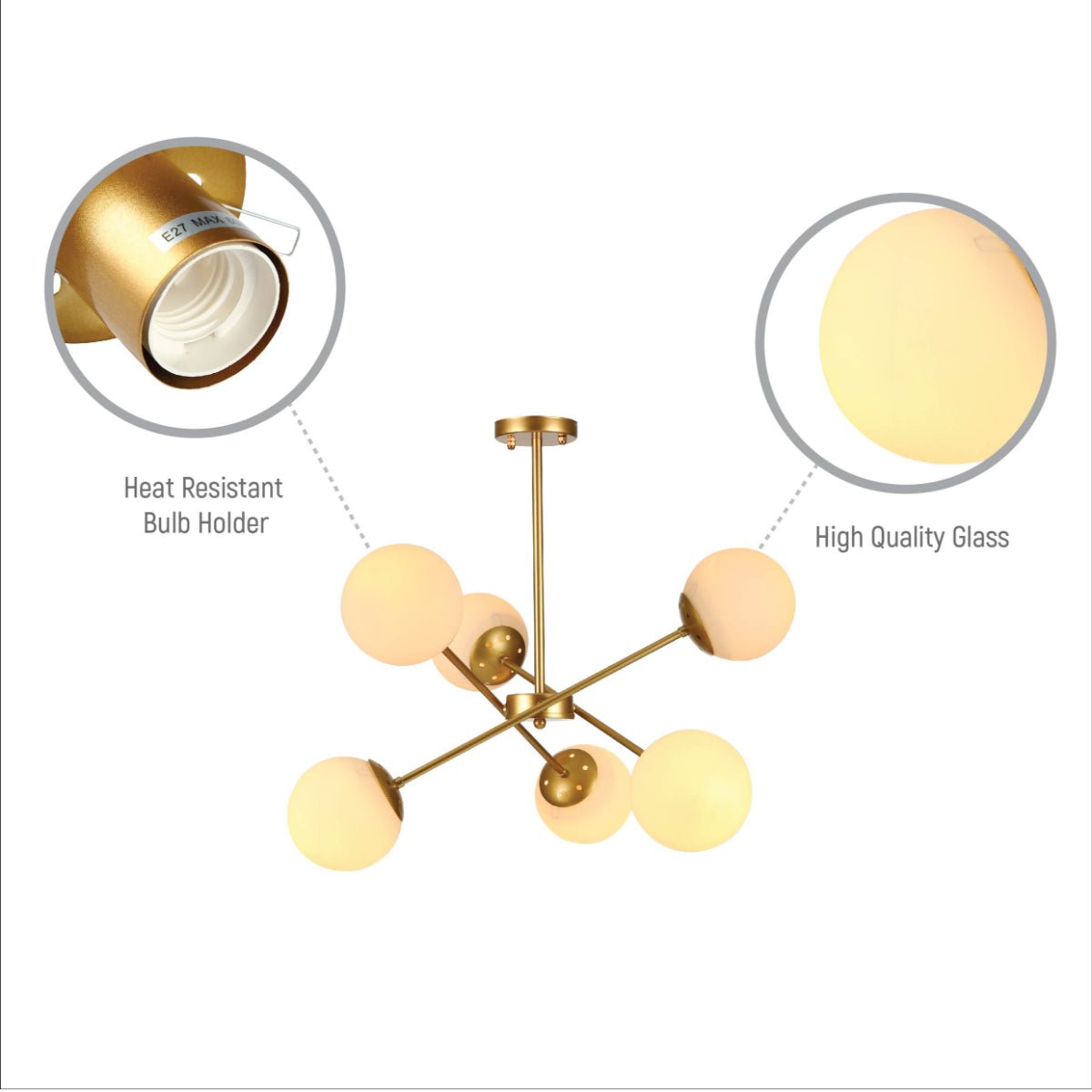 Close up shots of Gold Sputnik Metal Opal Globe Glass Modern Ceiling Light with E27 Fittings | TEKLED 159-17656