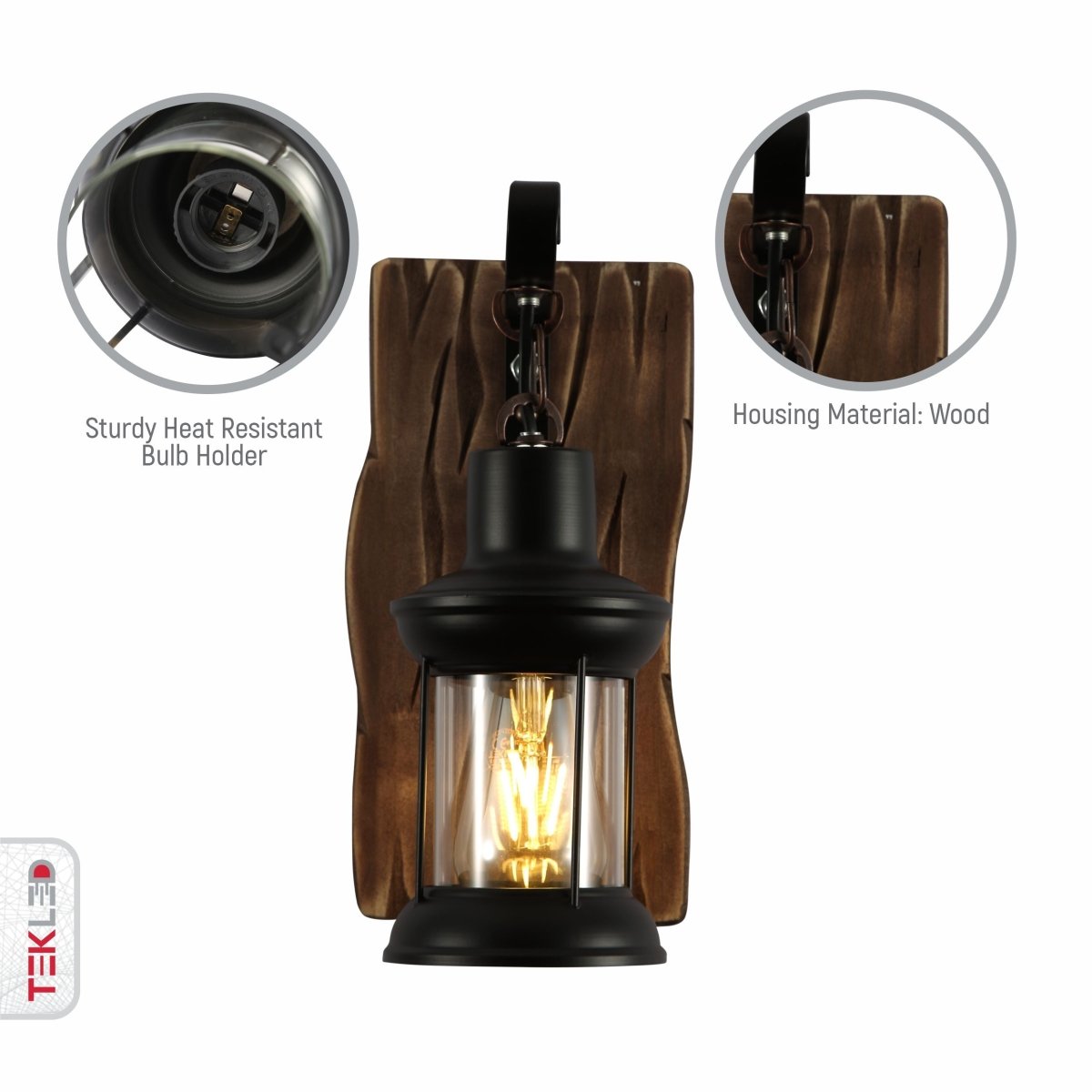 Close up shots of Iron and Wood Glass Cylinder Wall Light E27 | TEKLED 159-17850