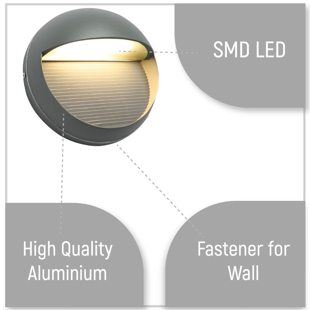 Close up shots of LED Diecast Aluminium Round Stair and Wall Light 5W Warm White 3000K IP54 Grey | TEKLED 182-03346
