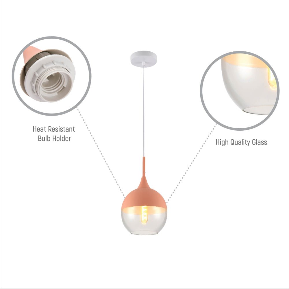 Close up shots of Macaron Salmon Pink Dome Glass Pendant Ceiling Light with E27 Fitting | TEKLED 158-19726