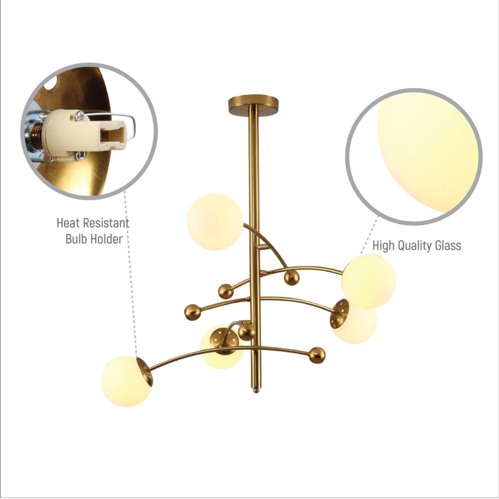 Close up shots of Mace Opal Globe Glasses Gold Metal Sputnik Chandelier Ceiling Light with 5xG9 Fittings | TEKLED 158-19712