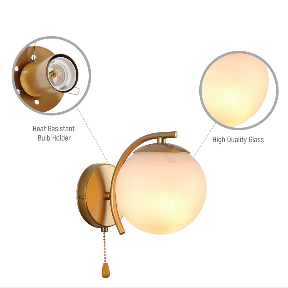 Close up shots of Opal Globe Glass Gold Metal Arc Body Vintage Retro Wall Light with Pull Down Switch E27 Fitting | TEKLED 151-19786